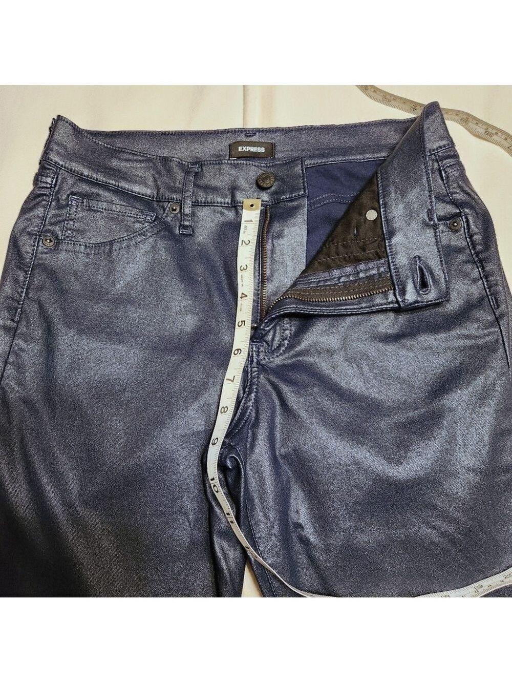 Express Blue Shimmer Coated Denim Skinny Pants Size 8 Regular - Picture 8 of 9